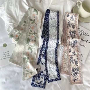 绿色小清新山茶丝巾小长条女细窄编发发带高级感绑包包丝带腰带