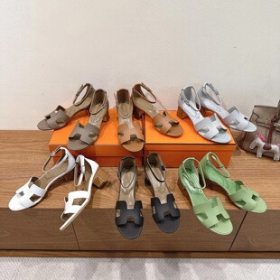 中高跟女鞋掌纹真皮平底一字式扣带外穿沙滩凉拖鞋粗跟露趾包跟