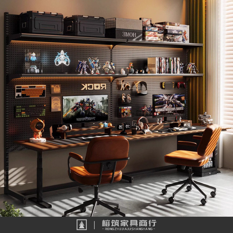 书架落地摆件洞洞板铁艺置物架双人电脑桌面立式免打孔金属收纳架