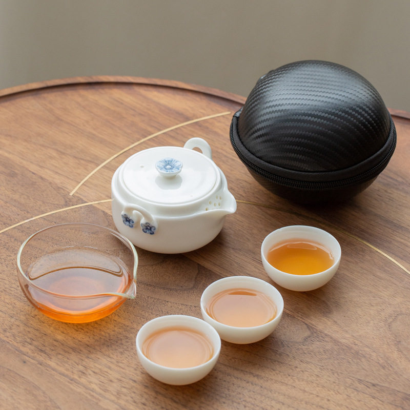 便携式旅行茶具套装羊脂玉白瓷户外露营喝茶装备快客杯一壶三杯