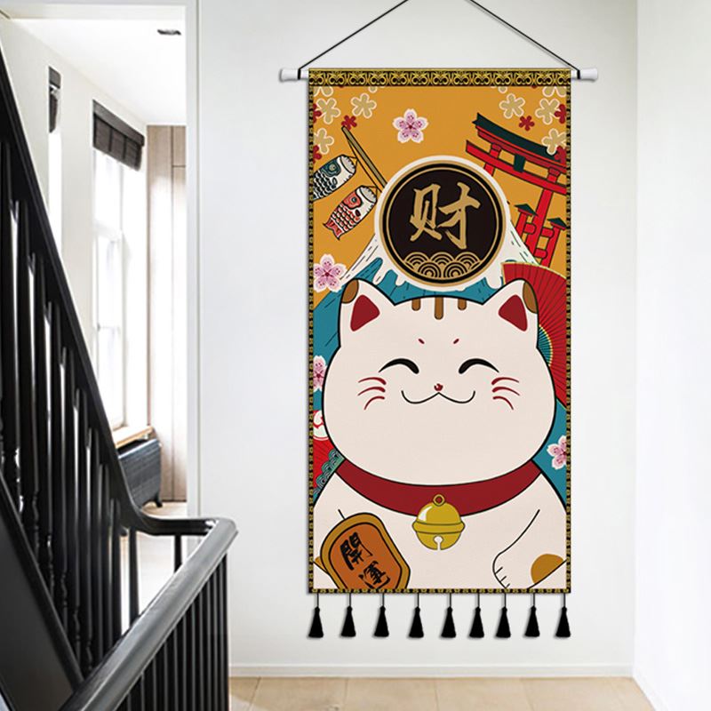 日式挂布招财猫布艺挂画居酒屋排苏挂毯客厅玄关装饰画墙布挂布图片