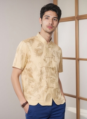 唐装男冰丝古风短袖衬衫中老年人新中式汉服爸爸爷爷晨练太极服夏