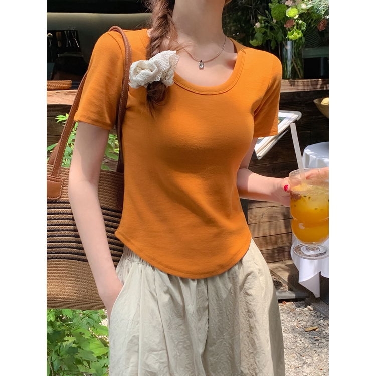 纯色u领弧形下摆正肩短袖t恤女夏季纯棉修身法式小众收腰小衫上衣