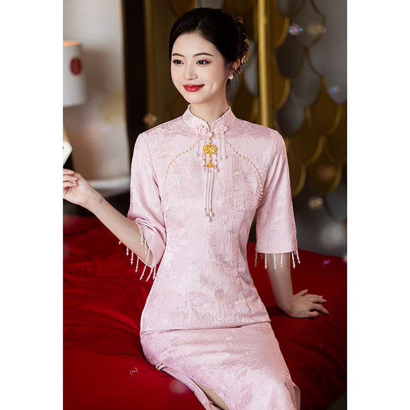 速发粉色旗袍敬酒衣服娘订婚服服新中式出阁礼新裙结婚当天便装秋