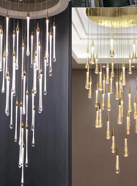 后现代大气简约楼梯水晶水滴长吊灯别墅复式楼吧台组合流星雨吊灯