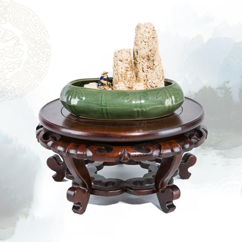 榆木底座圆形实木盆栽花瓶工艺品摆件奇石头鱼缸花盆景托架底托