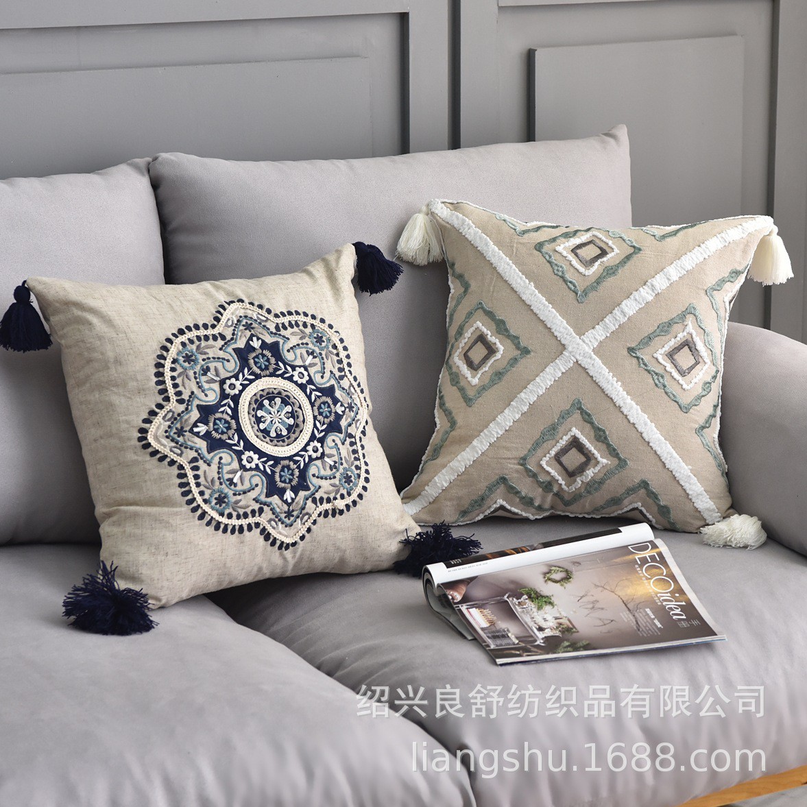 棉麻抱枕套亚马逊地摊爆款沙发垫绳绣花靠垫套刺绣流苏汽车靠枕