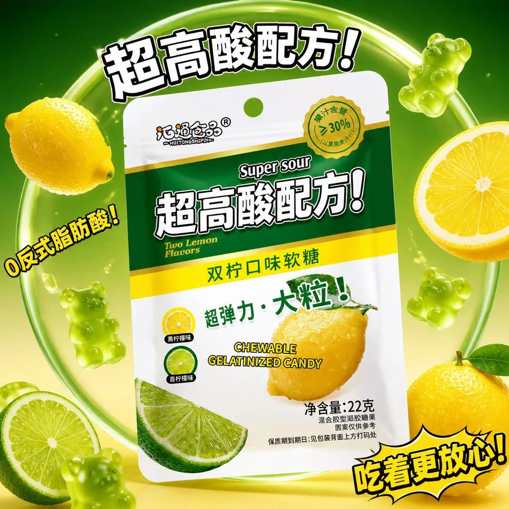 超高酸双柠口味软糖清新酸爽果汁软糖高颜值休闲解馋网红糖果零食