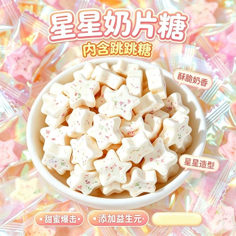 儿童休闲零食糖果批发星星奶片跳跳糖压片糖高颜值小包装奶味浓郁