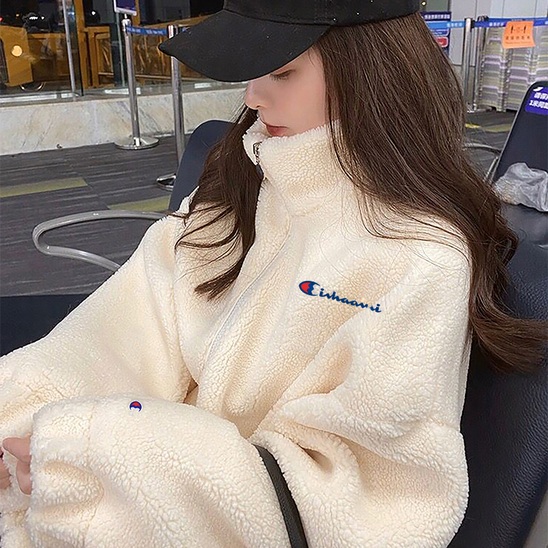 羊羔毛外套欧冠军冬季新款加绒加厚宽松学生卫衣毛绒棉服上衣女潮