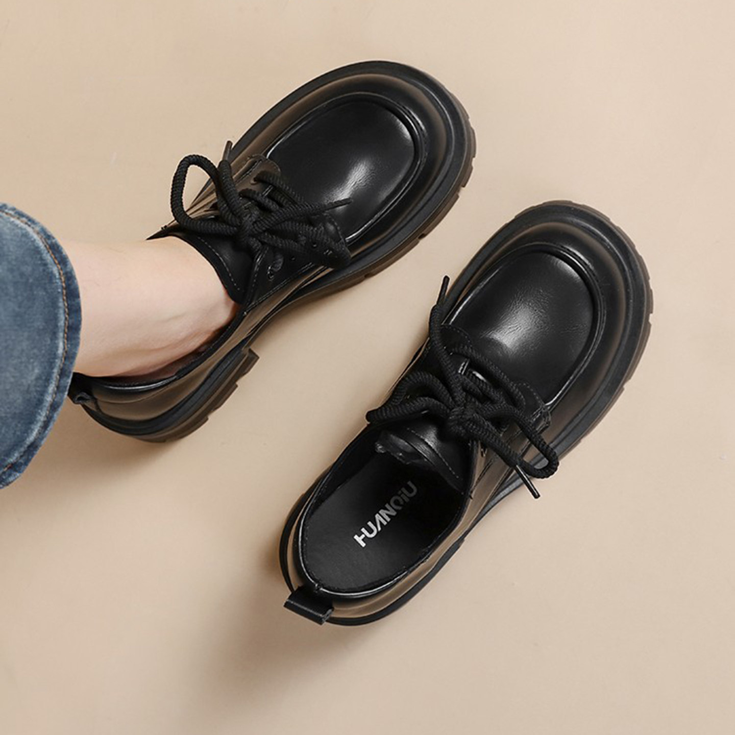 环球英伦风黑色小皮鞋圆头系带乐福鞋学院厚底平底休闲粗跟高跟鞋,女鞋,乐福鞋（豆豆鞋）,淘宝优惠券,粉丝福利购,淘宝优惠卷