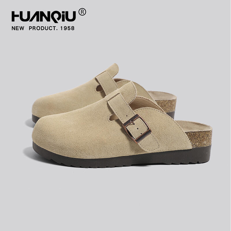 环球勃肯鞋女冬季加绒真皮牛皮半拖外穿包头厚底一脚蹬平底凉拖鞋 - 封面