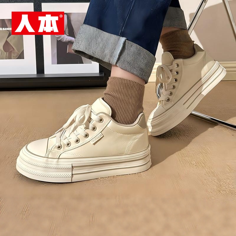 人本官方店加绒帆布鞋女鞋2025新款秋冬加厚中帮板鞋保暖运动板鞋