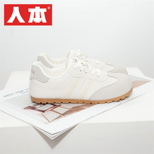 人本官方店2026芭蕾风运动鞋春秋平底德训鞋复古银色跑鞋女小白鞋