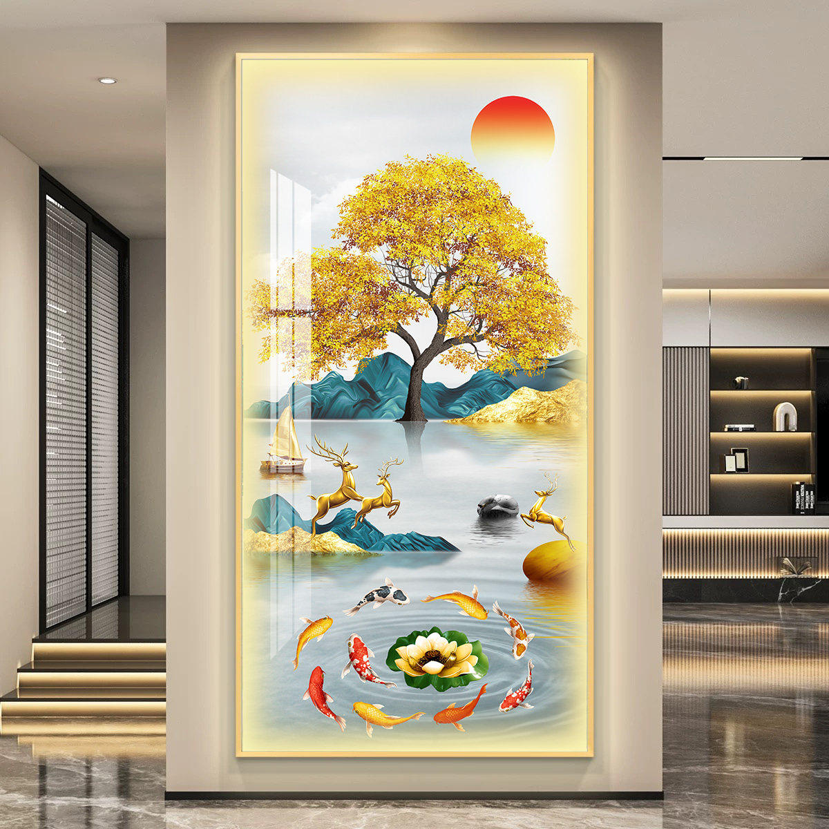 带灯玄关装饰画led灯入户门高级感九鱼聚财走廊过道轻奢简约挂画