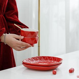 送新人乔迁家用盘子碗筷组合装 纪恋订婚结婚红色碗碟餐具套装 礼品