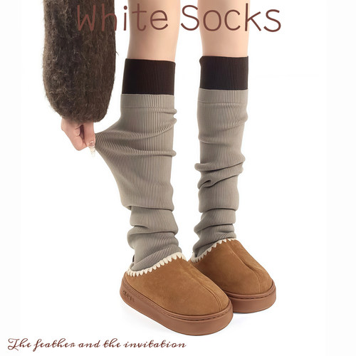 WHITE SOCKS驼色原宿风堆堆袜针织保暖腿套螺纹中筒袜搭配雪地靴