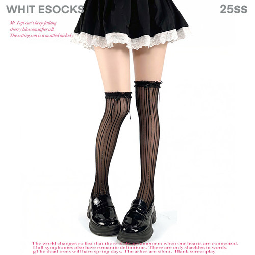WHITE SOCKS性感显瘦鱼骨大腿袜袜蕾丝花边蝴蝶结纯欲jk堆堆袜黑