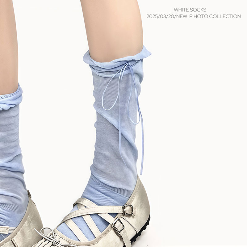 WHITE SOCKS蓝色芭蕾风蝴蝶结小腿袜女春夏薄款透气显瘦堆堆袜女