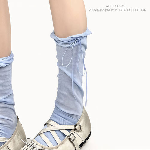 WHITE SOCKS蓝色芭蕾风蝴蝶结小腿袜女春夏薄款透气显瘦堆堆袜女