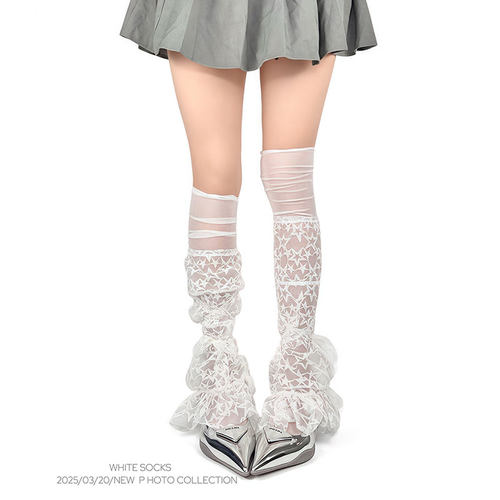 WHITE SOCKS白色蕾丝花边绑带堆堆袜中筒袜y2k喇叭袜套lolita女