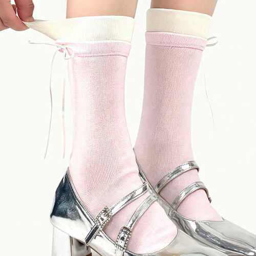 WHITE SOCKS 春夏芭蕾风中筒袜lolita甜美少女风蝴蝶结堆堆袜子女