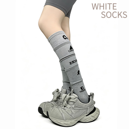 WHITE SOCKS夏款小众设计感字母印花堆堆袜麻灰色运动百搭小腿袜