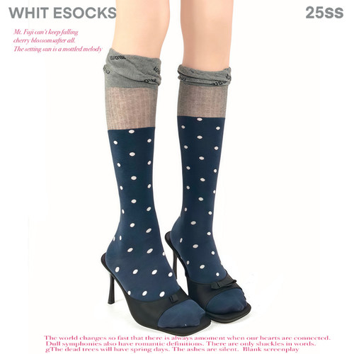 WHITE SOCKS藏蓝圆点堆堆袜棉小众泡泡口miu系小腿袜网眼透气长袜