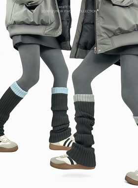 WHITE SOCKS 灰色保暖针织袜套粗针撞色拼接小腿袜套加长堆堆袜套