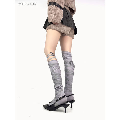 white socks芭蕾风蝴蝶结长筒过膝小腿袜韩系绑带亚文化堆堆袜