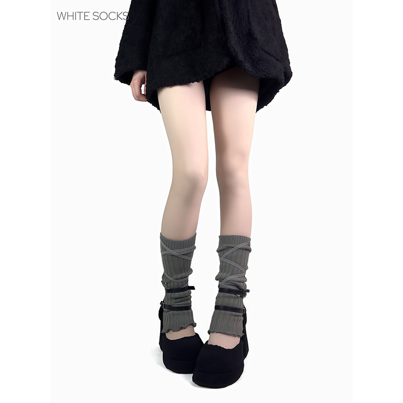 white socks 交叉绑带灰色腿套亚文化y2k辣妹长筒针织小腿堆堆袜