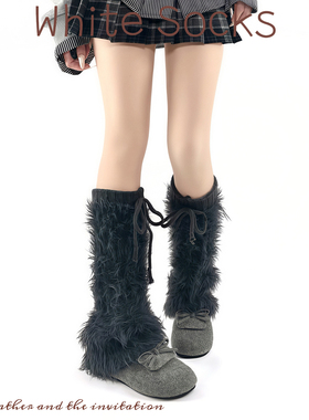 冬款灰色辣妹毛绒绑带腿套女微喇加厚保暖堆堆袜套小腿袜修饰腿型