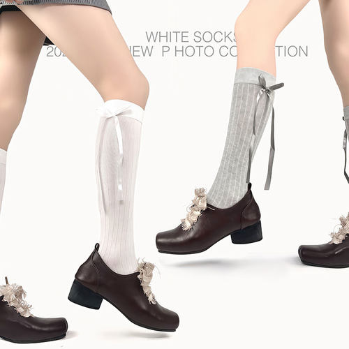 WHITE SOCKS 纯色芭蕾风堆堆袜中筒袜蝴蝶结透气薄款小腿堆堆袜套