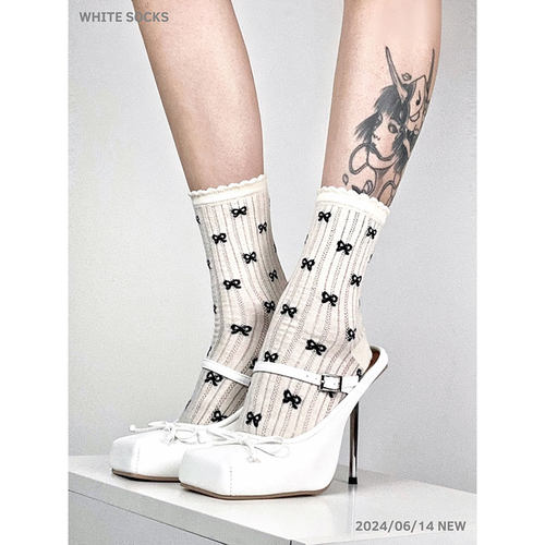 white socks 芭蕾风堆堆袜女波点中筒袜网眼透气蝴蝶结花边袜子女