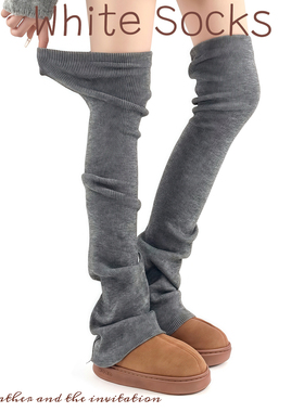 WHITE SOCKS灰色针织过膝长筒袜女保暖堆堆袜显瘦高筒微喇袜套女