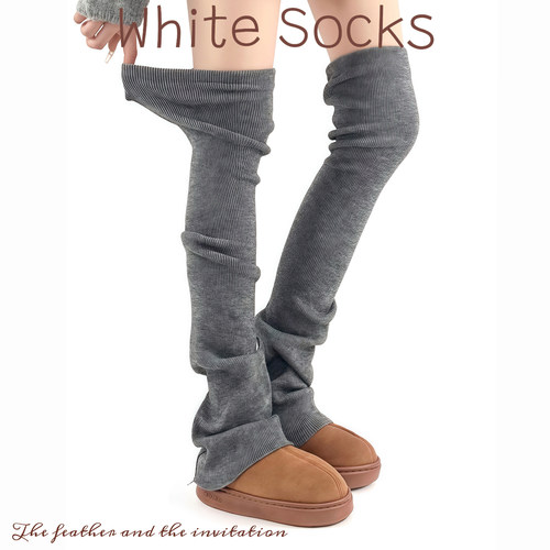 WHITE SOCKS灰色针织过膝长筒袜女保暖堆堆袜显瘦高筒微喇袜套女