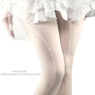美腿袜提花绑带打底袜辣妹风连裤 日系蕾丝薄款 袜女 SOCKS WHITE