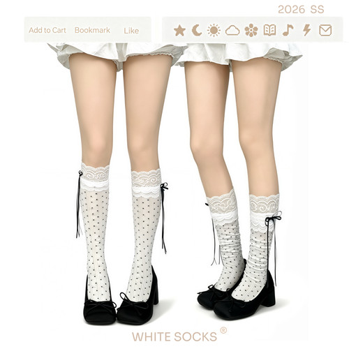 WHITE SOCKS日系原创蕾丝蝴蝶结波点小腿袜透气学院风薄款堆堆袜
