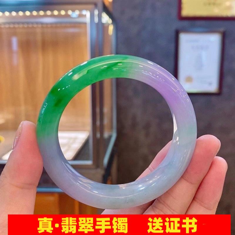 缅甸翡翠手镯冰糯种飘花玉手镯贵妃阳绿紫罗兰春多彩玉石送礼处理