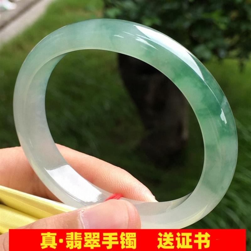缅甸翡翠手镯冰种飘花阳绿贵妃镯飘绿玉镯子老坑玉石春彩浅绿处理