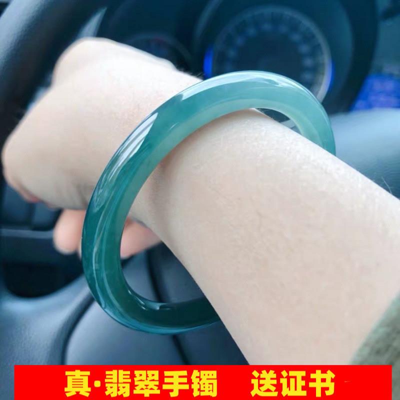 翡翠手镯油青色翡翠玉手镯女款缅甸玉石冰种冰糯种圆条叮当镯处理
