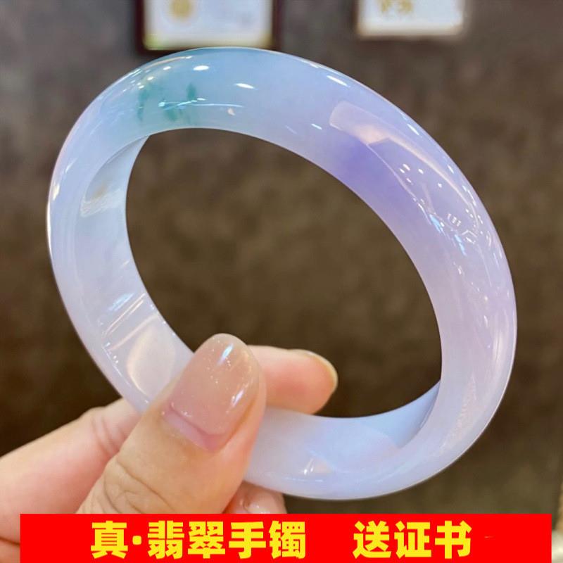 紫罗兰翡翠手镯缅甸圆条飘花春彩玉镯子女款冰糯种飘紫玉手镯处理