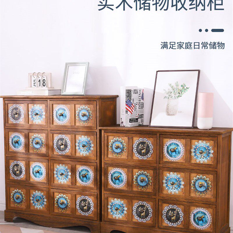速发美式实木储物柜彩绘客厅斗柜抽屉式收纳柜台飘窗柜卧室置物柜