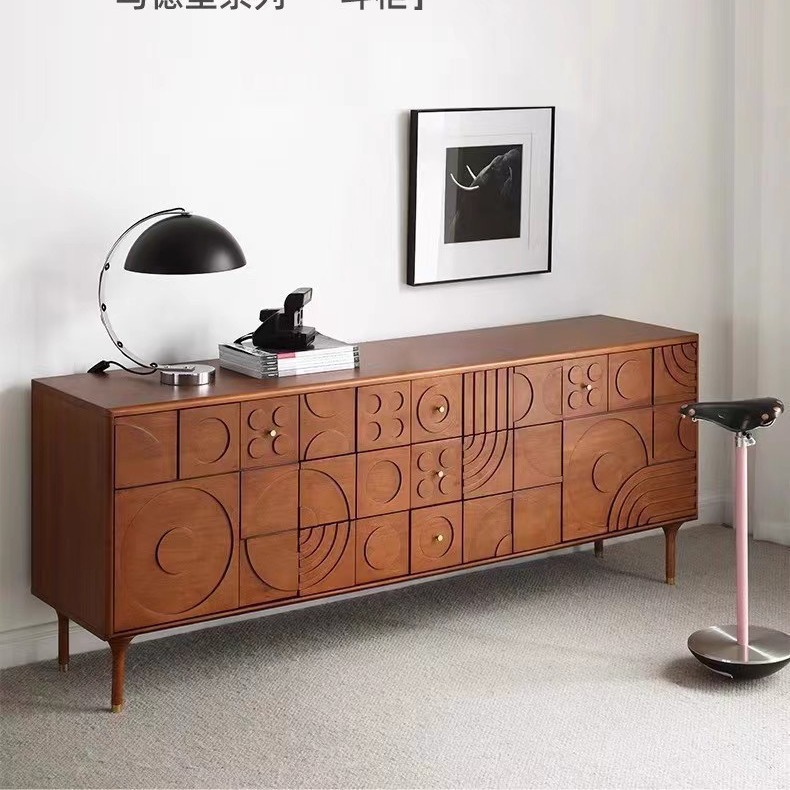 北欧中古风樱桃木现代轻奢斗柜复古雕花黑胡桃木靠墙隔断玄关柜