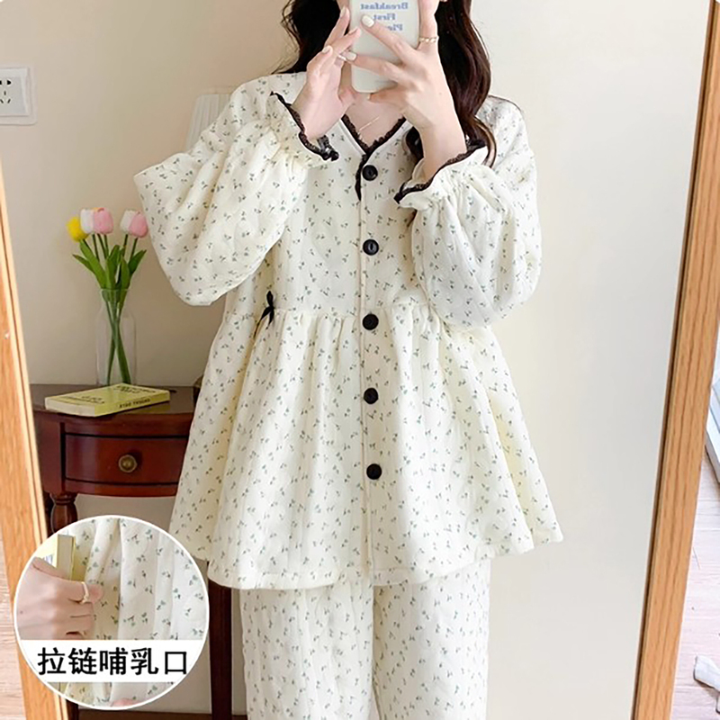 法国Uamtor空气棉月子服秋冬季产后哺乳喂奶孕妇睡衣加厚大码产妇