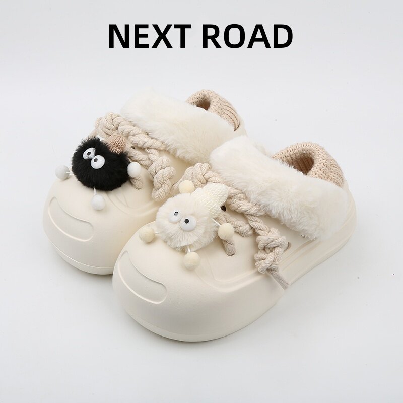 netx ROAD英国联名孕妇毛球加绒洞洞鞋女冬季外穿厚底大头棉拖鞋