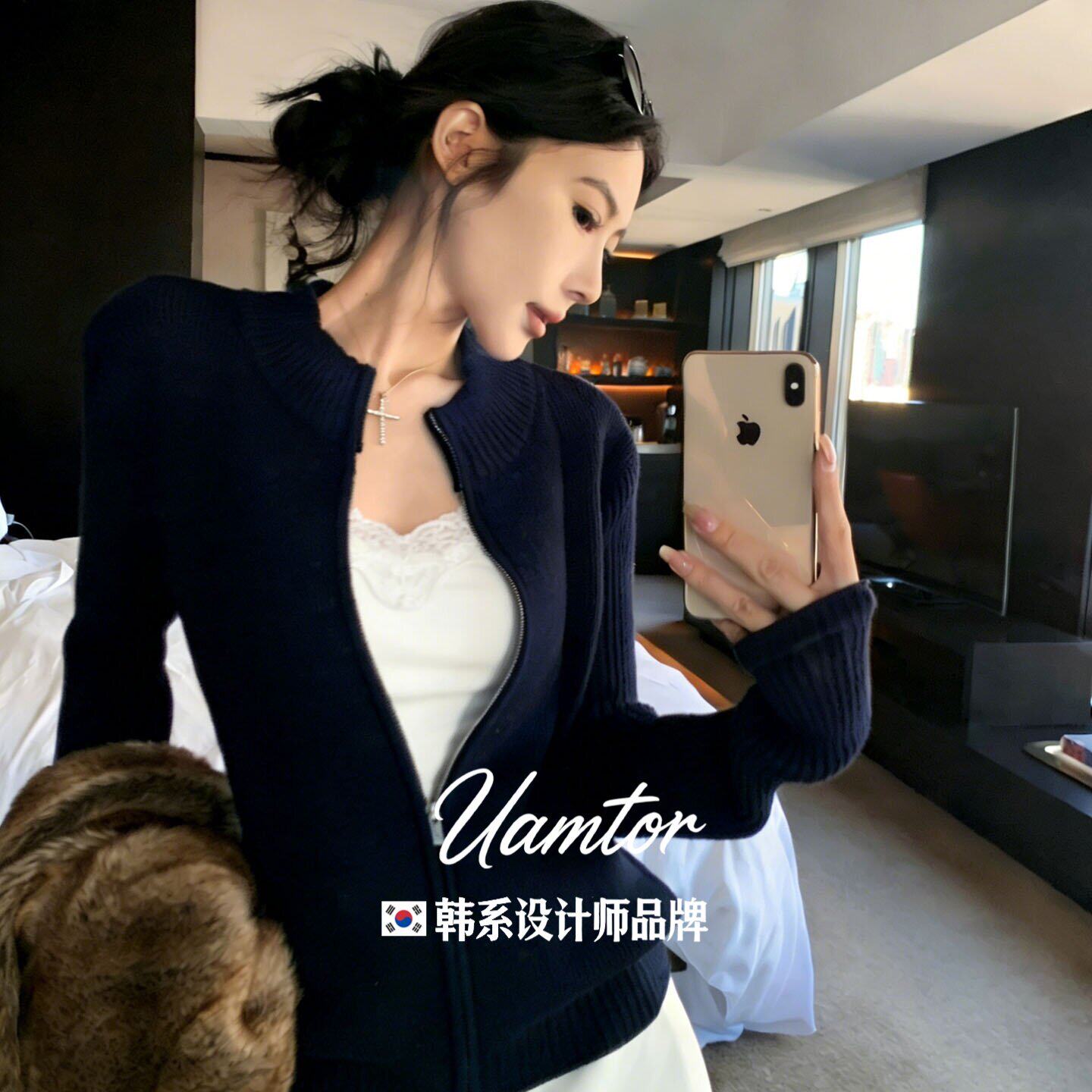 韩系Uamtor立领拉链针织开衫女款秋冬老钱风修身显瘦毛衣外套长袖