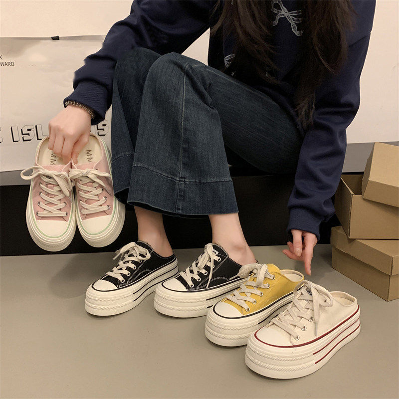 法国Uamtor厚底帆布鞋包头拖鞋女2026新款春秋季一脚蹬无后跟拖