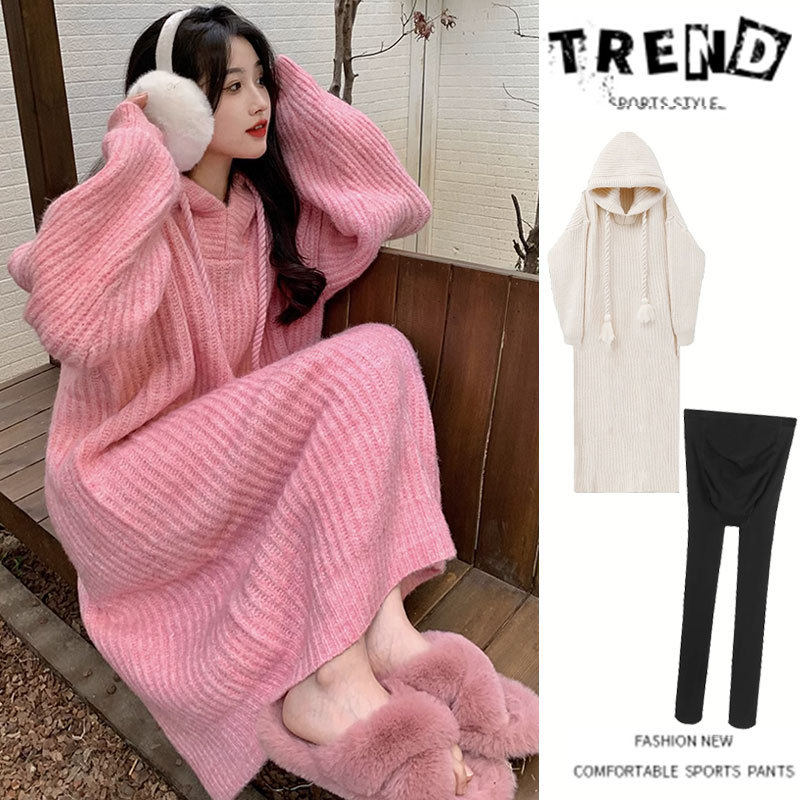 法国G·T孕妇连衣裙秋季2025新款少女风连帽针织卫衣时尚别致长裙