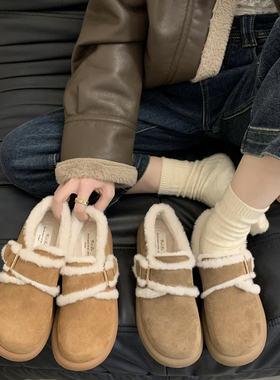 netx ROAD英国联名孕妇厚底真皮勃肯鞋女加绒一脚蹬棉鞋毛毛鞋